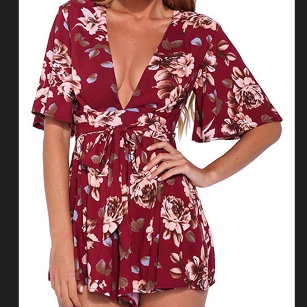 Wine red floral romper
